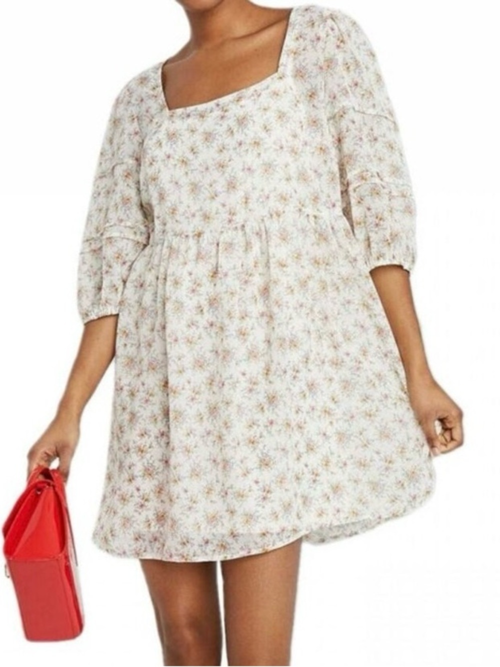 Wild Fable Ivory Floral Chiffon Peasant 3/4 Sleeve Square Neck Lined Shift Dress